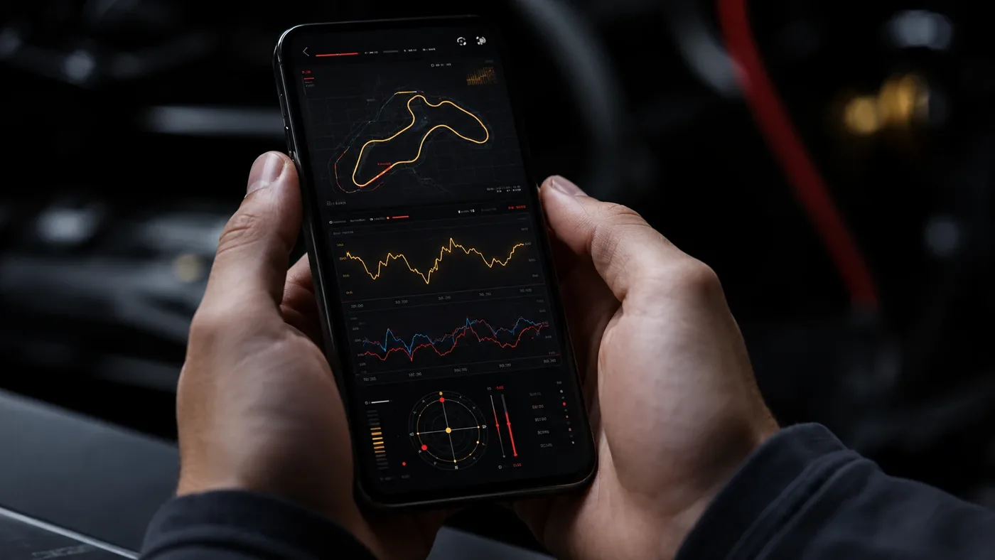Application OXV Mirror — tableau de bord de télémétrie : trace du circuit, courbes de vitesse et de régularité après la session