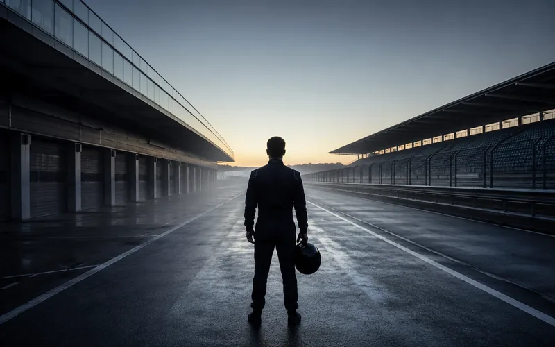 Pitlane à l'aube, pilote casque à la main